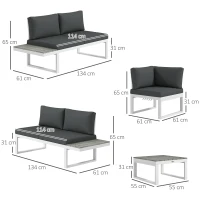 Outsunny 4 Pieces Garden Furniture Set, 5-Level Reclining Garden Corner Sofa Set, Outdoor Lounge Conversation Sectional with Cushions, Wood Effect Plastic Table, White Frame & Grey Cushion(m-3)