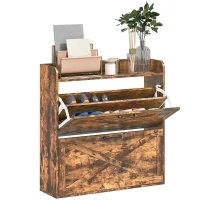 HOMCOM Two Flip Drawer Narrow Shoe Cabinet with Adjustable Shelves - Rustic Brown(m-10)