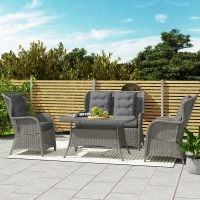 Outsunny Garden PE Rattan Dining Sofa Set, Outdoor 4 Seater Wicker Furniture, High Back Chairs with Cushions, Tempered Glass Coffee Table for Patio, Light Grey(m-7)