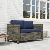 Outsunny Rattan Sofa, 2 Seater Garden Furniture with Soft Padded Cushion and Armrests, Wicker Garden Loveseat for Patio, Navy Blue(m-9)