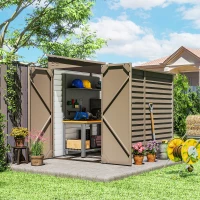 Outsunny 5 x 9ft Galvanised Metal Garden Shed with Foundation Kit, Outdoor Lean-to Shed, Tool Storage House for Garden, Brown(m-2)
