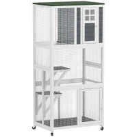PawHut Wooden Catio Cat Outdoor Enclosure, Cat Cage with Waterproof Roof, Platforms, for Multiple Cats, White(m-1)