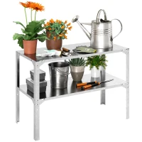 Outsunny 2 Tier Potting Bench Table, Galvanised Steel Garden Planting Work Bench Workstation with Storage Shelf for Outdoor, Patio, Greenhouse, 110 x 50 x 75 cm, Silver Tone(m-10)