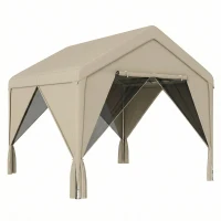 Outsunny 3 x 3 m Patio Gazebo with Netting & Curtains, Outdoor Canopy Shelter with Galvanised Steel Frame, Khaki(m-1)