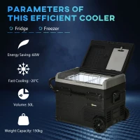 Outsunny 50L Car Refrigerator, Portable Compressor Cooler Box, Fridge Freezer w/ Inner LED Light, Foldable Handles, Cup Holders, 12/24V DC and 110-240V AC for Campervan RV Boat Travel Down to -20℃(m-4)
