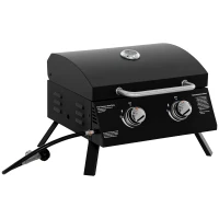 Outsunny 2 Burner Gas BBQ Grill Outdoor Portable Folding Tabletop Barbecue w/ Lid, Thermometer, Carbon Steel, Black(m-10)