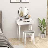 HOMCOM Modern Dressing Table with Round Mirror and Stool, Makeup Vanity Table with 2 Drawers for Bedroom, Living Room, 60 x 40 x 123 cm, White(m-2)