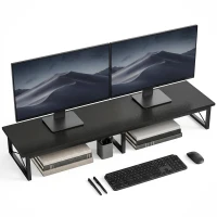 HOMCOM Soporte Monitor Escritorio, Elevador de Madera con 2 Compartimentos Portaobjetos, Negro(m-6)