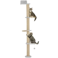 PawHut Wall Mounted Cat Shelves, Cat Climbing Wall with 4 Climbing Platforms, Jute Scratching Post and Toy Ball,180cm Tall, Light Grey(m-10)