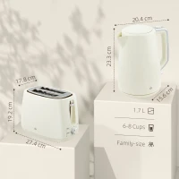 HOMCOM Kettle and Toaster Set, 1.7L 3000W Fast Boil Kettle & 2 Slice Toaster Kitchen Set with 7 Level Browning Controls, Defrost, Reheat, Boil-dry Protection, Cream White(m-3)