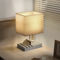 HOMCOM Bedside Lamp with USB A+C Charging Ports and 3 Phone Stands, Modern Table Lamp with Solid Wood Base and Fabric Shade for Bedroom Living Room Office, E27 Socket, Bulb Not Included, Grey(m-9)