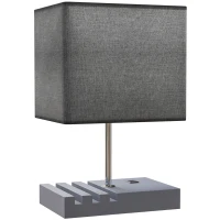 HOMCOM Bedside Lamp with USB A+C Charging Ports and 3 Phone Stands, Modern Table Lamp with Solid Wood Base and Fabric Shade for Bedroom Living Room Office, E27 Socket, Bulb Not Included, Grey(m-1)