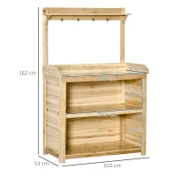 Outsunny Garden Potting Bench Table, Wooden Workstation Bench w/ Galvanized Metal Tabletop, Storage Shelves and Hooks, Natural(m-3)