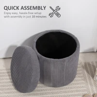 HOMCOM 40cm Round Storage Ottoman, Corduroy Footstool with Removable Lid and Legs, Vanity Stool for Living Room, Bedroom, Grey(m-7)