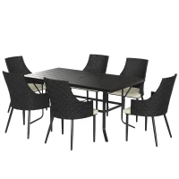 Outsunny 6 Seater Rattan Dining Set with Cushions, Garden Furniture Set with Armchairs, Rectangle Slatted Table Top, Steel Frame, Parasol Hole, Wicker Outdoor Furniture for Patio, Balcony, Cream White(m-10)
