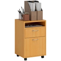 HOMCOM Filing Cabinet, Mobile File Cabinet with 2 Lockable Drawers, Office Home Organiser on Wheels for A4, Letter-Size File Folders, Mobile Printer with Open Shelf, Natural Wood Finish(m-10)