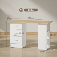 HOMCOM Computer Desk with Drawers, Home Office Desk, Writing Table, PC Workstation with 3 Storage Shelves for Working, Study, 120 x 49 x 72 cm, Natural Wood Finish and White(m-3)