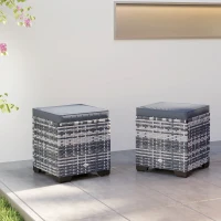Outsunny Set of 2 Rattan Storage Ottoman, Outdoor Footstool with Removable Cushions, Garden Storage Seat for Balcony, Porch, Living Room, Dark Grey(m-8)