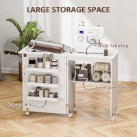 HOMCOM Folding Sewing Table, Drop Leaf Craft Table with Storage Bins, Open Shelf and Wheels, Rolling Sewing Machine Cabinet Computer Desk for Small Space, White(m-5)