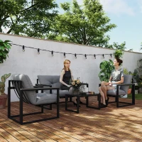 Outsunny Garden Furniture Set, 4 Piece Indoor Outdoor Conservatory with Loveseat Sofa, Armchairs, Glass Top Coffee Table, Cushions for Balcony, Poolside, Patio, Dark Grey(m-2)