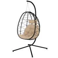 Outsunny Hanging Egg Chair Outdoor Indoor Garden Swing Chair with Folding Basket, Thickened Cushion, Garden Hanging Chair with Stand, Headrest for Patio, Balcony, Khaki(m-11)