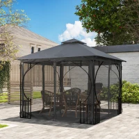 Outsunny 3 x 3m Garden Gazebo Patio Party Tent Shelter Outdoor Canopy Double Tier Sun Shade with Metal Frame and Netting, Dark Grey(m-8)