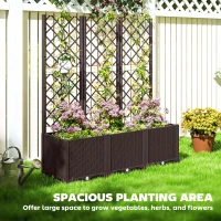 Outsunny Raised Garden Bed with Trellis, Plastic Planter Box with Drainage Holes, Drain Plugs and Water Reservoirs for Climbing Plants, Vegetables, Flowers, Brown(m-7)