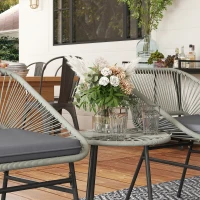 Outsunny 3 Pieces Rattan Bistro Set, Wicker Small Garden Table and Chairs Set with Cushions and Glass Top Coffee Table, Bistro Garden Furniture Set for Outdoor, Patio, Balcony, Light Grey(m-8)