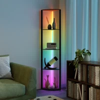 HOMCOM RGB LED Floor Lamp with Shelves, 5-Tier Dimmable Standing Lamp with Adjustable Brightness and Remote Control, Modern Corner Display Shelf Unit for Living Room Bedroom Office, Black(m-9)
