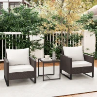 Outsunny 3 Pieces Rattan Bistro Set with 4 Cushions, Wicker Garden Furniture Set, Glass Top Coffee Table and Chairs for Outdoor Patio, Balcony, Terrace and Conservatory, Brown(m-7)