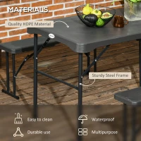 Outsunny Folding Picnic Table with 2 Benches, 3-Piece Portable Garden Furniture Set for 4, Dining Table Set with Plastic Top, Steel Frame, Dark Grey(m-4)