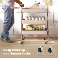 HOMCOM 3-Tier Storage Trolley on Wheels, Rolling Utility Cart with Mesh Backets for Kitchen, Bathroom, Bedroom, Light Pink(m-5)