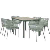 Outsunny Rattan Dining Set, 6 Seater Rattan Garden Furniture Set with Acacia Wood Top Rectangle Table, 6 Chairs, Washable Seat Cushions, for Outdoor, Patio, Conservatory, Grey(m-11)