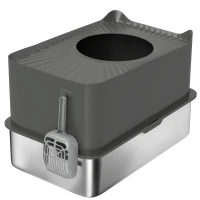 PawHut Stainless Steel Cat Litter Tray, Extra Large Enclosed Litter Box with Scoop, Top Entrance, Non-slip Pads, Dark Grey(m-1)