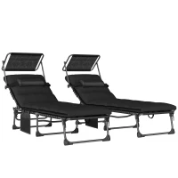 Outsunny Folding Sun Loungers Set of 2 with Canopy, Reclining Sunbed with Cushion, Side Pocket, Carrying Handle, Black(m-1)