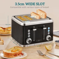HOMCOM Electric Stainless Steel Kettle and Toaster Set, 3000W 1.7L UK Strix Thermostat Fast Boil Kettle w/ Limescale Filter, Cool Touch Body, 4 Slice Toaster with 7 Browning Levels, Black(m-6)