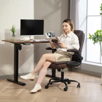 HOMCOM Faux Leather Office Chair. with Flip-Up Armrests - Brown(m-2)