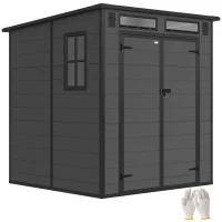 Outsunny 6 x 6 ft Plastic Garden Shed, Wood-Effect Outdoor Storage Shed with Floor, Windows, Lockable Doors and Vents, Dark Grey(m-10)