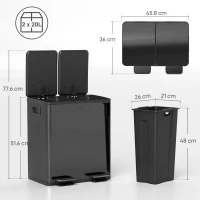 HOMCOM 40L Dual Compartment Stainless Steel Bin, with Deodoriser Holders - Glossy Black(m-3)