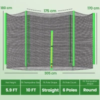 SPORTNOW 10ft Trampoline Net Replacement with 6 Plastic Pole Covers, Weather-Resistant Trampoline Netting Replacement with Zipped Entrance, Poles Not Included, Green(m-3)