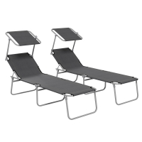 Outsunny Folding Sun Lounger Set of 2 with Canopy, Reclining Sunbed with 4-Position Adjustable Backrest, 600D Oxford Cloth, Portable Garden Lounger Recliner Chair for Beach, Camping, Patio, Grey