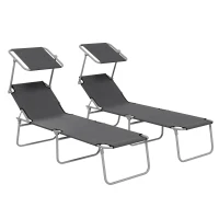Outsunny Folding Sun Lounger Set of 2 with Canopy, Reclining Sunbed with 4-Position Adjustable Backrest, 600D Oxford Cloth, Portable Garden Lounger Recliner Chair for Beach, Camping, Patio, Grey(m-1)
