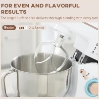 HOMCOM Stand Mixer, 5L Food Mixer for Baking, 6 Speeds and Pulse Setting, 1400W Cake Electric Kitchen Mixer with Dough Hook, Whisk, Stainless Steel Bowl, Splash Guard, Beater, White(m-6)