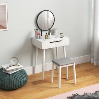 HOMCOM Modern Dressing Table with Round Mirror and Stool, Makeup Vanity Table with 2 Drawers for Bedroom, Living Room, 60 x 40 x 123 cm, White(m-8)