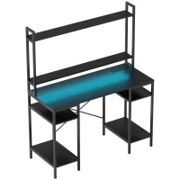 HOMCOM Computer Desk with Power Outlets and LED Lights, Home Office Desk with Monitor Stand, 2 CPU Stands and Storage Shelves, Study Table Gaming Desk with Hutch, Black(m-1)