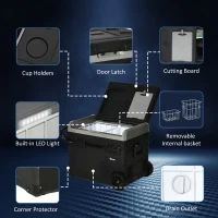 Outsunny 50L Car Refrigerator, Portable Compressor Cooler Box, Fridge Freezer w/ Inner LED Light, Foldable Handles, Cup Holders, 12/24V DC and 110-240V AC for Campervan RV Boat Travel Down to -20℃(m-8)