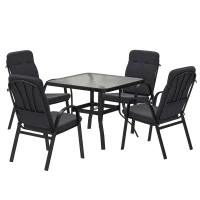 Outsunny 5 Pieces Outdoor Square Garden Dining Set w/ Tempered Glass Dining Table 4 Cushioned Armchairs, Umbrella Hole, Black(m-11)