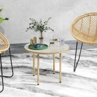 Outsunny Round Coffee Table, Modern End Side Table with Faux Marble Tempered Glass Top, Steel Frame for Living Room, Bedroom, Office, Beige(m-2)