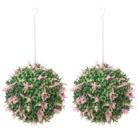 HOMCOM Set of 2 Artificial Plant Topiary Balls, UV-protected Fake Decorative Plants, Pink(m-1)