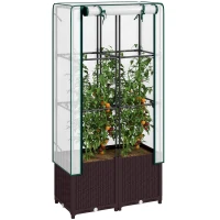 Outsunny Raised Garden Bed with Trellis, Plastic Planter Box with PE Cover, Drainage Holes, Drain Plugs and Water Reservoirs for Climbing Plants, Vegetables, Flowers, 80 x 40 x 140 cm(m-10)